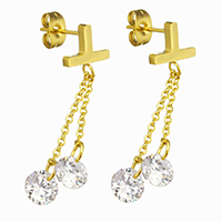 Edelstahl Dangle Ohrring, mit kubischer Zirkonia, goldfarben plattiert, 6x6x3.5mm, 39mm, verkauft von Paar