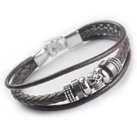 Los hombres de la pulsera y del brazalete, Cuero de vaca, con Cuero de PU & Hematite & aleación de zinc, acero inoxidable cierre, Calavera, chapado en color de platina, para hombre & 3-aro & ennegrezca, color cáfe oscuro, libre de níquel, plomo & cadmio, longitud aproximado 6.7 Inch, 3Strandsfilamento/Grupo, Vendido por Grupo