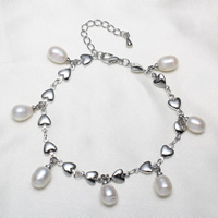 Freshwater Kulturperler Pearl Bracelet, Messing, med Ferskvandsperle, med 4cm extender kæde, Heart, platin farve forgyldt, naturlige & armbånd, nikkel, bly & cadmium fri, 6-7mm, Solgt Per Ca. 6.5 inch Strand