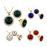 Parures de bijoux en cristal, boucle d'oreille & collier, laiton, avec cristal, avec 2.5lnch chaînes de rallonge, fleur, Placage de couleur d'or, Chaîne Singapour & facettes & avec strass, plus de couleurs à choisir, protéger l'environnement, sans nickel, plomb et cadmium, 20x23.5x8mm, 1.8mm, 20x20x19mm, Longueur Environ 16 pouce, 12fixésérie/lot, Vendu par lot