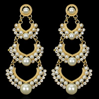 Zinc Alloy Drop Earring, met ABS kunststof parel, roestvrij staal oorbel bericht, Bloem, gold plated, met strass, lood en cadmium vrij, 80x36mm, 3paren/Bag, Verkocht door Bag