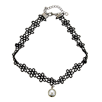 Fashion Choker halskæde, Messing, med Lace & Glass Pearl, med 2.7lnch extender kæde, plumbum sort farve forgyldt, for kvinde, nikkel, bly & cadmium fri, 12x17x12mm, 15x1mm, Længde Ca. 13 inch, 12Strands/Lot, Solgt af Lot