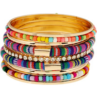 Zinc Alloy Bangle Set, med Nylonsnor & Glas Seed Beads, guldfarve belagt, med rhinestone & multi-streng, flerfarvede, bly & cadmium fri, 72mm, Indvendig diameter:Ca. 60mm, Længde Ca. 7 inch, Solgt af sæt