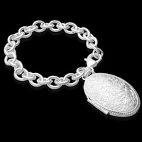 ottone Locket Bracciale, Ovale piatto, placcato argento vero, catena ovale, assenza di piombo & cadmio, 27mm, Venduto per Appross. 8 pollice filo