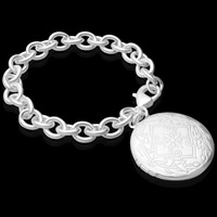 ottone Locket Bracciale, with 5cm extender chain, Cerchio piatto, placcato argento vero, catena ovale, assenza di piombo & cadmio, 32mm, Venduto per Appross. 8 pollice filo