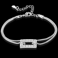 metal Pulsera, con 5cm extender cadena, Rectángular, chapado en plata real, cadena de caja & 2-sarta, libre de plomo & cadmio, 17x10mm, Vendido para aproximado 8 Inch Sarta