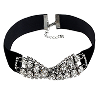 Rhinsten Choker, Zinc Alloy, med Velveteen, med 2.8lnch extender kæde, platin farve forgyldt, for kvinde & med rhinestone, nikkel, bly & cadmium fri, Solgt Per Ca. 11.6 inch Strand