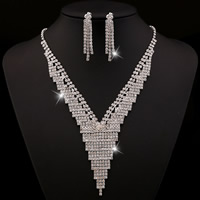 Vještački dijamant nakita skupova, naušnica & ogrlica, Cink Alloy, mesing naušnice clip, s 10cm Produžetak lanac, platine boja pozlaćen, s Rhinestone, dovesti i kadmija besplatno, 10x50mm, 75mm, Dužina Približno 19 inčni, Prodano By Set