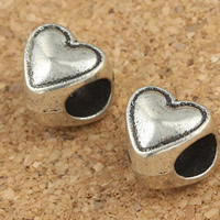 Perles European en alliage de zinc, coeur, Plaqué de couleur d'argent, sans filetage, sans plomb et cadmium, 7x8x9mm, Trou:Environ 4mm, 30PC/sac, Vendu par sac