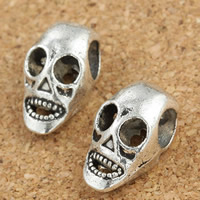 Abalorios Estilo Europeo de Aleación de Zinc, Calavera, chapado en color de plata antigua, sin rosca, libre de plomo & cadmio, 8x9x15mm, agujero:aproximado 5mm, 30PCs/Bolsa, Vendido por Bolsa