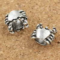 Perles European en alliage de zinc, crabe, Plaqué de couleur d'argent, sans filetage, sans plomb et cadmium, 6x8x9mm, Trou:Environ 5mm, 30PC/sac, Vendu par sac