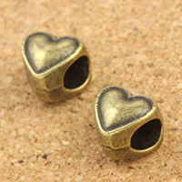 Perles European en alliage de zinc, coeur, Plaqué de couleur de bronze antique, sans filetage, sans plomb et cadmium, 8x8x7mm, Trou:Environ 4.5mm, 30PC/sac, Vendu par sac