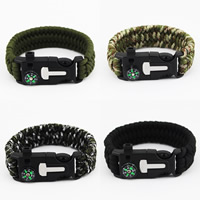 Survival Armbånd, Paracord, med Glas, plast Slide Udgivelse Buckle, med brand starter & med termometer & for mennesket, flere farver til valg, 230mm, 5Strands/Bag, Solgt af Bag