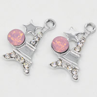 Sinc Alloy Foirgneamh Pendants, Eiffel Túr, dath platanam plátáilte, le rhinestone, luaidhe & caidmiam saor in aisce, 23x12x5mm, Poll:Thart 1-2mm, 20ríomhairí pearsanta/Mála, Díolta De réir Mála