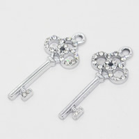 Zink Alloy Key Hängen, Nyckel, platina pläterad, med strass, leda & kadmiumfri, 33x13x3mm, Hål:Ca 1-2mm, 20PC/Bag, Säljs av Bag