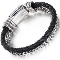 Bracelet homme, cuir de peau de vache, avec acier inoxydable, chaîne d'épi & pour homme & 2 fils, couleur originale, 5mm, Vendu par Environ 8.2 pouce brin