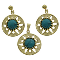 Turkoois sieraden sets, hanger & oorbel, Roestvrij staal, met Synthetische Turquoise, Rond plat, gold plated, 19x22x4mm, Gat:Ca 3x4mm, 5sets/Bag, Verkocht door Bag