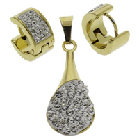 Strass sieraden Sets, hanger & oorbel, Roestvrij staal, met strass klei pave, gold plated, 7x12x13mm, 11x25x5mm, Gat:Ca 3x4mm, 5sets/Bag, Verkocht door Bag