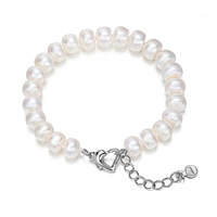 Fionnuisce saothraithe Pearl Bracelet, Pearl Fionnuisce, práis clasp foldover, le 4cm slabhra extender, Bharócach, dath platanam plátáilte, nádúrtha, bán, 8-9mm, Díolta Per Thart 7 Inse Snáithe