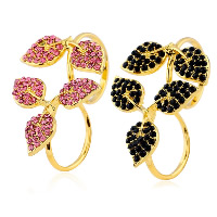 Zinc Alloy Double Finger Ring, Blad, gold plated, open & verstelbaar & voor vrouw & met strass, meer kleuren voor de keuze, Maat:7, 3pC's/Lot, Verkocht door Lot