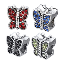 Zinc Alloy European perler, Butterfly, antik sølv farve forgyldt, med rhinestone, flere farver til valg, nikkel, bly & cadmium fri, 11x12x8mm, Hole:Ca. 6mm, 100pc'er/Lot, Solgt af Lot