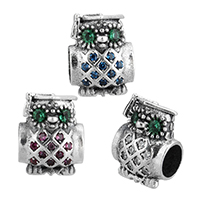 Thailand Sterling Sølv European Bead, Owl, Micro Pave cubic zirconia & uden trold, flere farver til valg, 9x12x8mm, Hole:Ca. 4.5mm, Solgt af PC