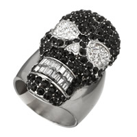 Indkøbskurv fingerring, Stainless Steel, med Clay Pave & Glas, Skull, for mennesket & med rhinestone, 34mm, Størrelse:9, Solgt af PC