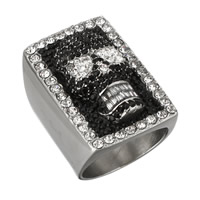 Anillo de dedo acero inoxidable del Rhinestone, con Arcilla Pave & Vidrio, Calavera, para hombre & con diamantes de imitación, 32mm, tamaño:9, Vendido por UD