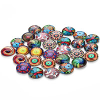 Cabochons en verre, Plat rond, temps bijou bijoux & modèle mixte & avec le motif de fleurs & dos plat & décalque, 12mm, 30PC/sac, Vendu par sac