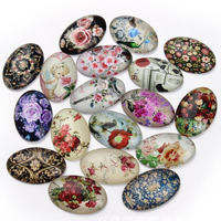 Glas Cabochons, Plat Ovaal, tijd gem sieraden & gemengde patroon & met bloempatroon & platte achterkant & sticker, 20x30mm, 20pC's/Bag, Verkocht door Bag