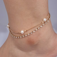 iarann Anklet, le ABS Pearl plaisteach, le 5cm slabhra extender, dath an óir plated, do bhean & le rhinestone & 2-snáithe, luaidhe & caidmiam saor in aisce, 240mm, Fad Thart 9 Inse, 3Snáitheanna/Mála, Díolta De réir Mála