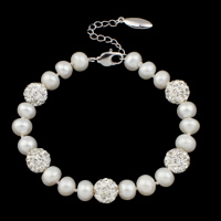 Fionnuisce saothraithe Pearl Bracelet, Pearl Fionnuisce, le Cré réiteodh, práis clasp gliomach, le 5cm slabhra extender, Cruinneachán, nádúrtha, le rhinestone, bán, 8-9mm, Díolta Per Thart 7 Inse Snáithe