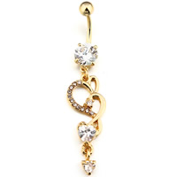 Rustfrit stål Belly Ring, Stainless Steel, Heart, 14K forgyldt, med cubic zirconia & med rhinestone, 1.6x10mm, Solgt af PC