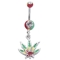 Stainless Steel Belly Ring Maple Leaf enamel & with rhinestone Sold By PC