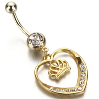 Rustfrit stål Belly Ring, Stainless Steel, Heart, guldfarve belagt, med rhinestone, 1.6x10mm, Solgt af PC