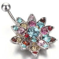 Acier inoxydable anneau de ventre, fleur, avec strass, couleur originale, 1.6x10mm, Vendu par PC