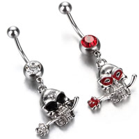 Rustfrit stål Belly Ring, Stainless Steel, Skull, forskellige stilarter for valg & emalje & med rhinestone, oprindelige farve, 1.6x10mm, Solgt af PC