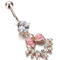 Rustfrit stål Belly Ring, Stainless Steel, Bowknot, KC guldfarve belagt, emalje & med rhinestone, 1.5x10mm, Solgt af PC