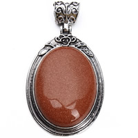 Goldstone riipukset, Sinkkiseos, kanssa Goldstone, Flat Oval, antiikki hopea päällystetty, lyijy ja sen kadmium vapaa, 38x67mm, Reikä:N. 5mm, Myymät PC