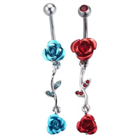 Rustfrit stål Belly Ring, Stainless Steel, med aluminium blomst ornament, Flower, elektroforese, med rhinestone, flere farver til valg, 1.6x10mm, Solgt af PC