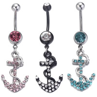 Rustfrit stål Belly Ring, Stainless Steel, Anchor, nautiske mønster & emalje & med rhinestone, flere farver til valg, 1.6x10mm, Solgt af PC