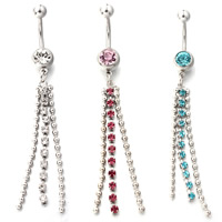 Rustfrit stål Belly Ring, Stainless Steel, Tassel, med rhinestone, flere farver til valg, 1.6x10mm, Solgt af PC