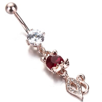 Roestvrij staal navelringen, rose goud plated, met strass, 1.6x10mm, Verkocht door PC