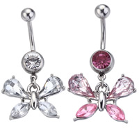 Rustfrit stål Belly Ring, Stainless Steel, med Krystal, Butterfly, facetteret & med rhinestone, flere farver til valg, 1.6x10mm, Solgt af PC