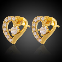 Messing Stud ørering, Heart, 18K forgyldt, med cubic zirconia, bly & cadmium fri, 11mm, 6par/Bag, Solgt af Bag