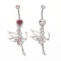 Rustfrit stål Belly Ring, Stainless Steel, Angel, med rhinestone, flere farver til valg, 1.6x10mm, Solgt af PC