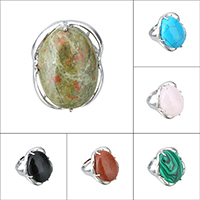 Gemstone Finger Ring, Sárgaréz, -val Drágakő, Lapos ovális, platina színű bevont, természetes & különböző anyagok a választás & állítható & a nő, nikkel, ólom és kadmium mentes, 27.50mm, Méret:7, Által értékesített PC