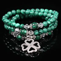 Malachite Bracelet with Glass & Zinc Alloy Four Leaf Clover for woman &  & with rhinestone 6mm Sold Per Approx 20 Inch Strand