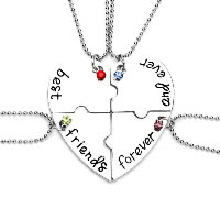 alliage de zinc Collier d'amitié puzzle, coeur, mot meilleurs amis pour toujours, Placage de couleur argentée, chaîne à billes & avec le motif de lettre & pour femme & émail & avec strass, protéger l'environnement, sans nickel, plomb et cadmium, 45x45mm, Longueur Environ 19.6 pouce, 4Strandstoron/fixé, Vendu par fixé