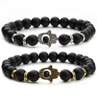 Sort Agate Armbånd, med Zinc Alloy, Hamsa, forgyldt, frosted, flere farver til valg, 8mm, 13x15mm, Solgt Per Ca. 7 inch Strand